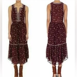 Ulla Johnson Leena Silk Midi Dress Burgundy Floral Embroidered V-Neck Boho